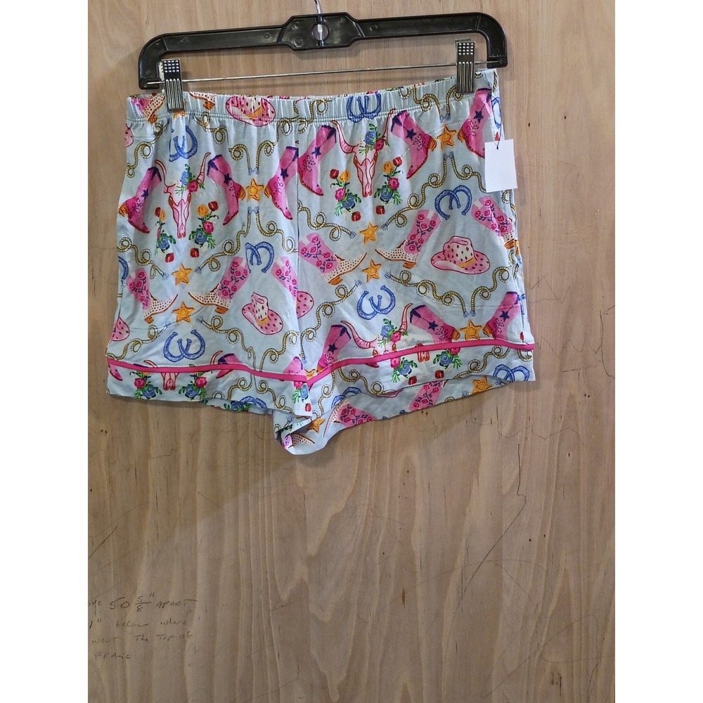 Room Service Womens Western Cowboy Boot Print Pajama Shorts Blue Pink Small NWT